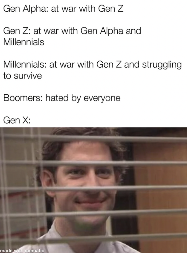 screenshot - Gen Alpha at war with Gen Z Gen Z at war with Gen Alpha and Millennials Millennials at war with Gen Z and struggling to survive Boomers hated by everyone Gen X made win mematic