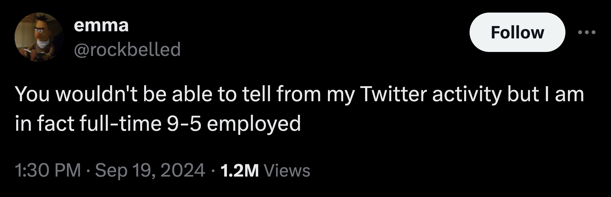 screenshot - emma You wouldn't be able to tell from my Twitter activity but I am in fact fulltime 95 employed 1.2M Views