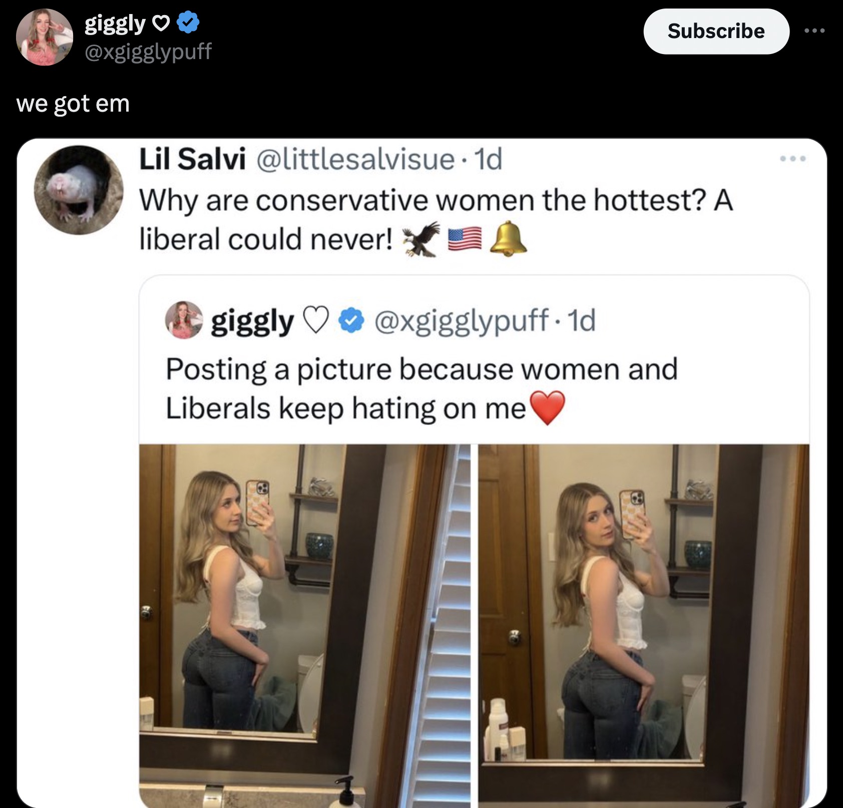 screenshot - giggly we got em Lil Salvi . 1d Subscribe ... Why are conservative women the hottest? A liberal could never! 4 giggly . 1d Posting a picture because women and Liberals keep hating on me