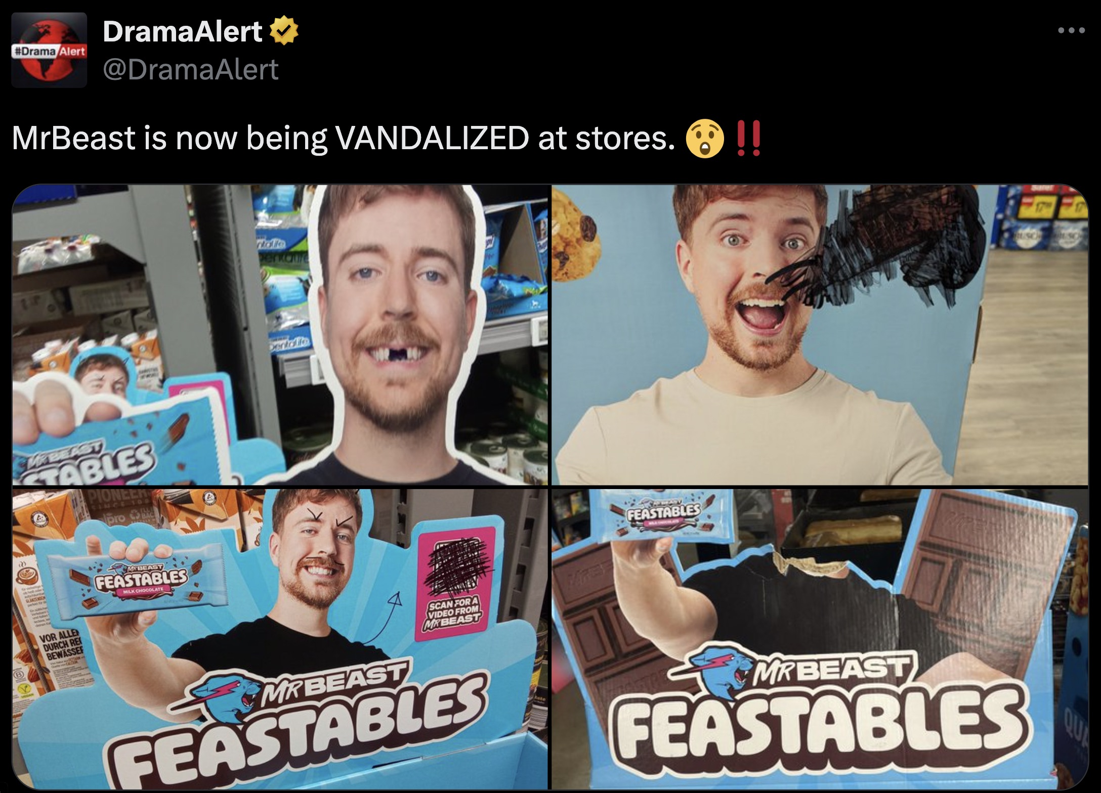 screenshot - Drama Alert DramaAlert MrBeast is now being Vandalized at stores. > !! Tables Feastables Mrbeast Ant Feastables Feastables Mrbeast Feastables Qu