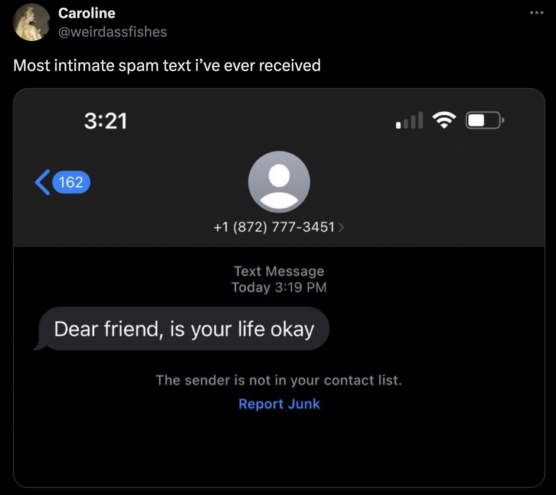 screenshot - 140> Caroline Most intimate spam text i've ever received 162 1 872 7773451 > Text Message Today Dear friend, is your life okay The sender is not in your contact list. Report Junk