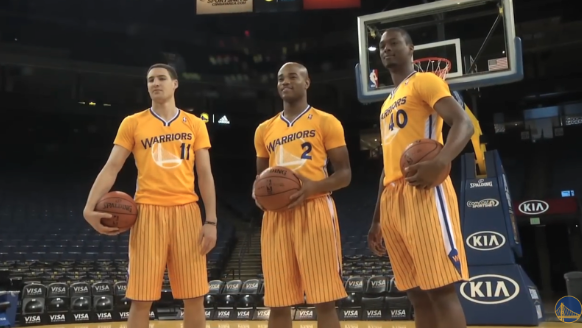 The sleeve jersey era was generally weird, but the Golden State Warriors suffered the most from this misguided trend, especially when they were matched with the pinstripe shorts. They look like a team the Harlem Globetrotters are about to beat by 97 points.
