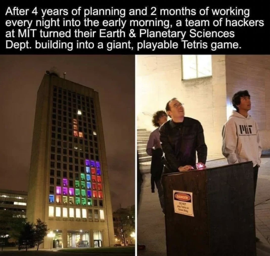 tower block - After 4 years of planning and 2 months of working every night into the early morning, a team of hackers at Mit turned their Earth & Planetary Sciences Dept. building into a giant, playable Tetris game.