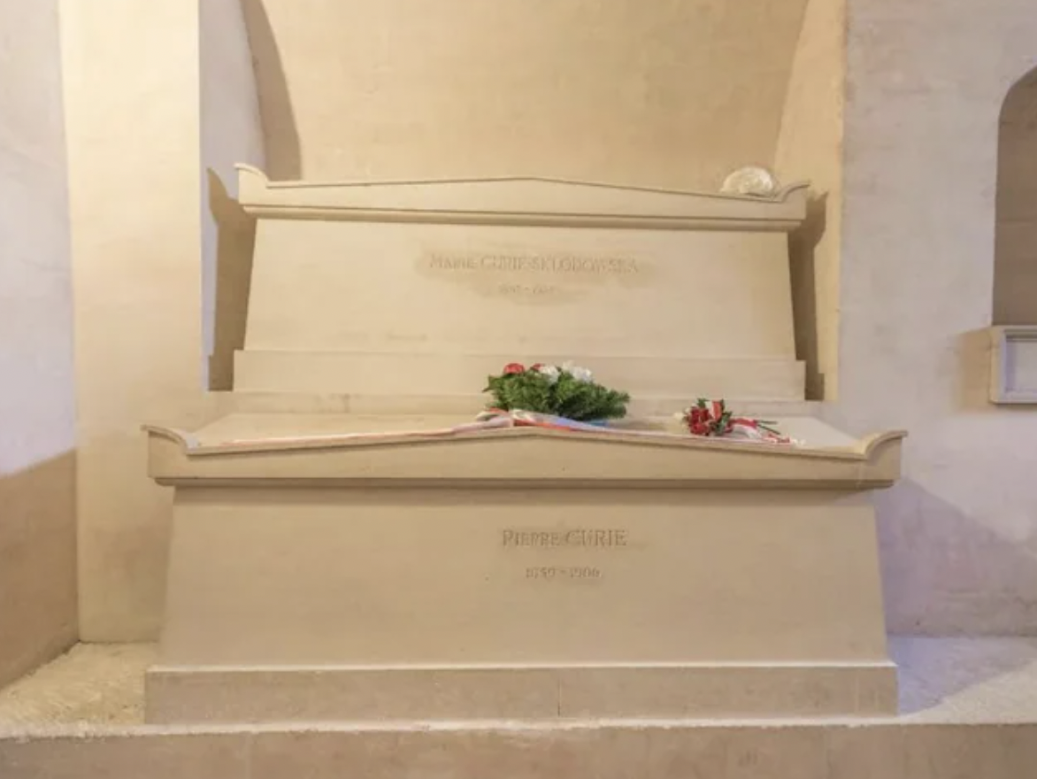 The tomb of Marie Curie, located in the Pantheon in Paris, is encased with three centimeters of lead to shield visitors from radiation, as her remains continue to emit radioactive particles.