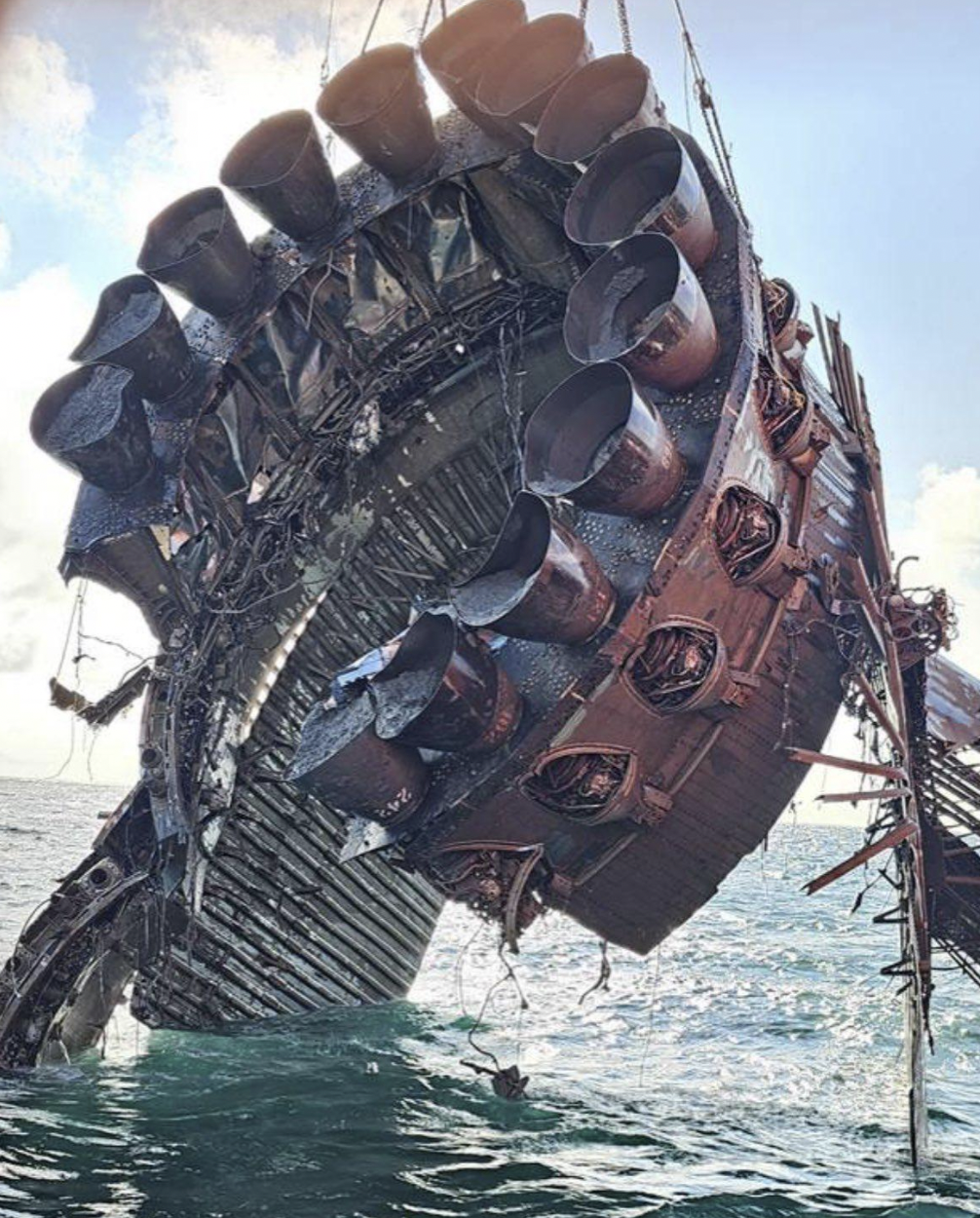 The remains of the superheavy booster flown during starship flight 4.