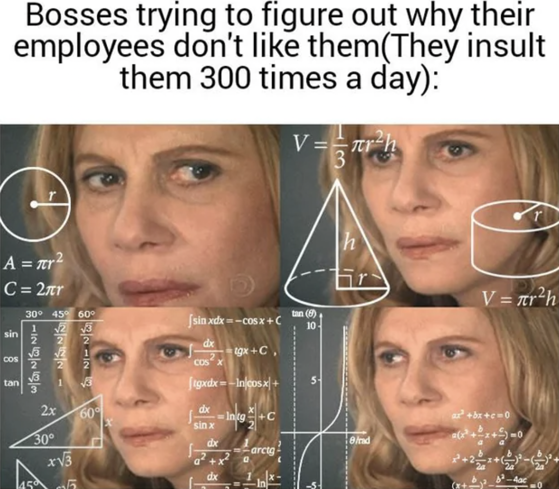 confused meme template - Bosses trying to figure out why their employees don't themThey insult them 300 times a day V r A r C27r 30 45 60 sin Cos tan 12823 2 sin xdx cosx C tan 9 10 2 dex gxC 2x 30 35 60 Cos figxdxIncosx dx sin x dr a x Intg C march dx h 