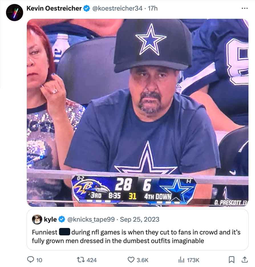 screenshot - Kevin Oestreicher 02 6 228 6 3RD 31 4TH Down kyle H D. Prescott 13 Funniest during nfl games is when they cut to fans in crowd and it's fully grown men dressed in the dumbest outfits imaginable 10 1424 Il 1