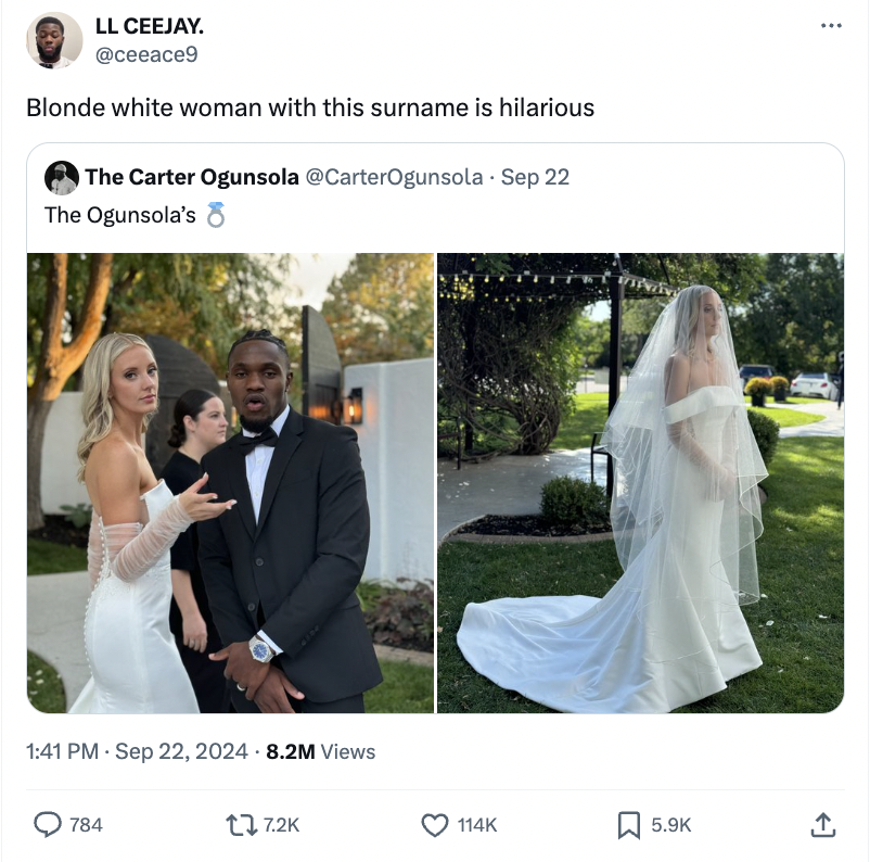 wedding reception - Ll Ceejay. Blonde white woman with this surname is hilarious The Carter Ogunsola Sep 22 The Ogunsola's 8.2M Views 784 1