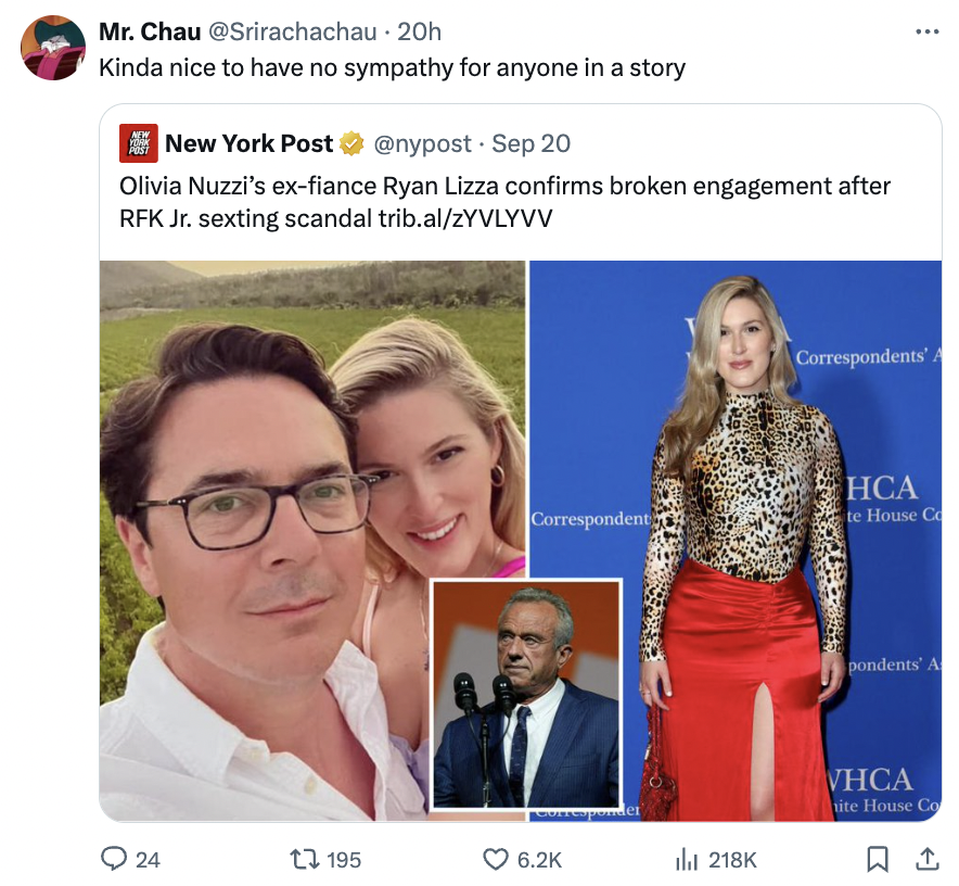 collage - Mr. Chau 20h Kinda nice to have no sympathy for anyone in a story New York Post Sep 20 Olivia Nuzzi's exfiance Ryan Lizza confirms broken engagement after Rfk Jr. sexting scandal trib.alzYVLYVV Correspondents' A Hca Correspondent te House Co 24 