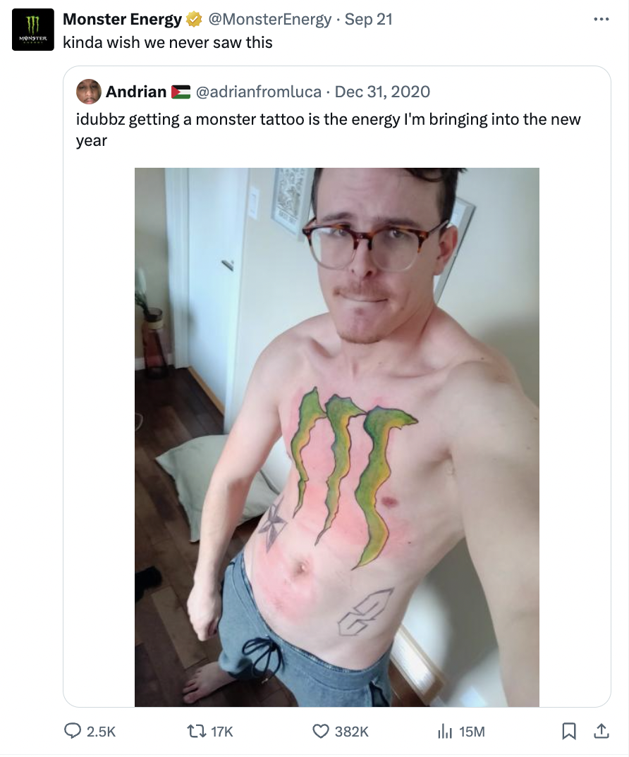 Monster Energy Sep 21 wish we never saw this Andrian idubbz getting a monster tattoo is the energy I'm bringing into the new year Gs tl 17K ild 15M