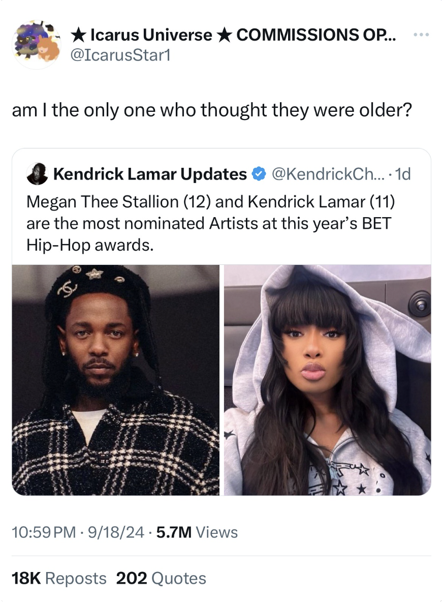 bts and megan - Icarus Universe Commissions Op... www am I the only one who thought they were older? Kendrick Lamar Updates ... 1d Megan Thee Stallion 12 and Kendrick Lamar 11 are the most nominated Artists at this year's Bet HipHop awards. 91824.5.7M Vie