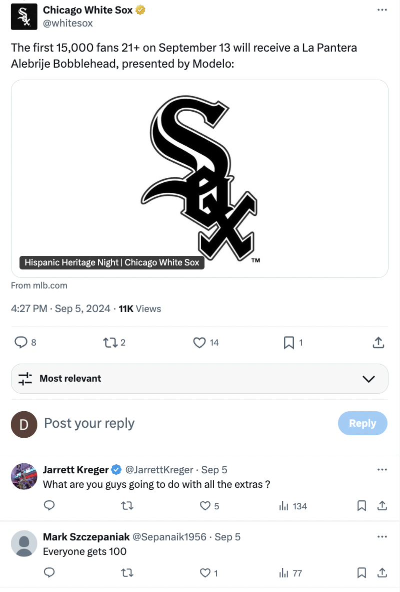 screenshot - Chicago White Sox The first 15,000 fans 21 on September 13 will receive a La Pantera Alebrije Bobblehead, presented by Modelo Hispanic Heritage Night | Chicago White Sox From mlb.com 11K Views Most relevant 232 Tm 14 1 D Post your Jarrett Kre