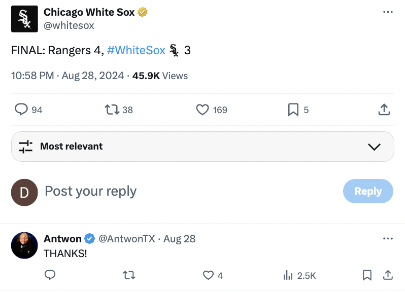 screenshot - Chicago White Sox Final Rangers 4, $ 3 Views D 94 Most relevant 1738 Post your Antwon Aug 28 Thanks! 27 169 5 4 ill 1