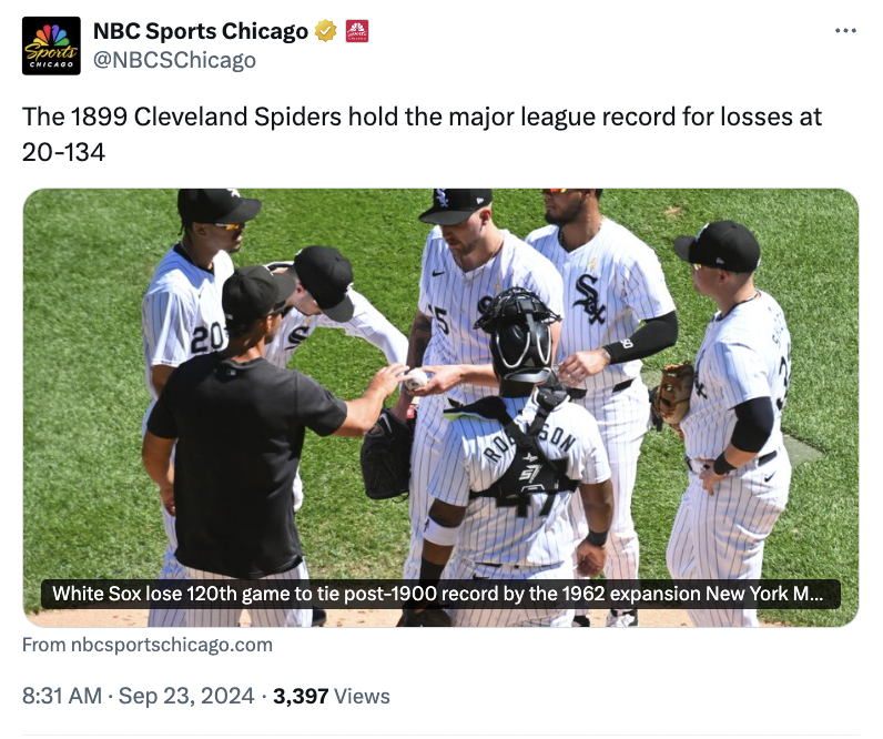 team - Nbc Sports Chicago The 1899 Cleveland Spiders hold the major league record for losses at 20134 20 Ro Son White Sox lose 120th game to tie post1900 record by the 1962 expansion New York M... From nbcsportschicago.com 3,397 Views