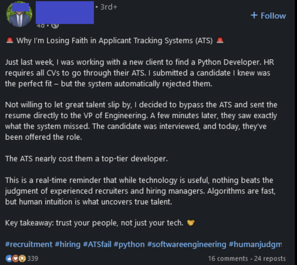 screenshot - 3rd Why I'm Losing Faith in Applicant Tracking Systems Ats Just last week, I was working with a new client to find a Python Developer. Hr requires all CVs to go through their Ats. I submitted a candidate I knew was the perfect fit but the sys