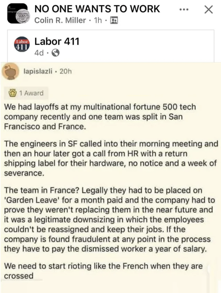 document - No One Wants To Work Colin R. Miller 1h. al Labor 411 411 4d lapislazli 20h 1 Award We had layoffs at my multinational fortune 500 tech company recently and one team was split in San Francisco and France. The engineers in Sf called into their m