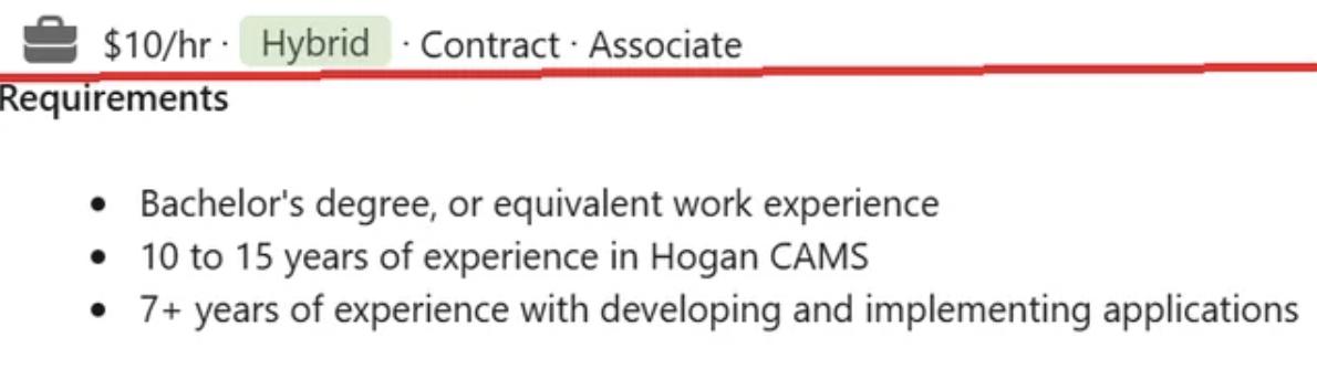 number - $10hr Hybrid Contract Associate Requirements Bachelor's degree, or equivalent work experience 10 to 15 years of experience in Hogan Cams 7 years of experience with developing and implementing applications