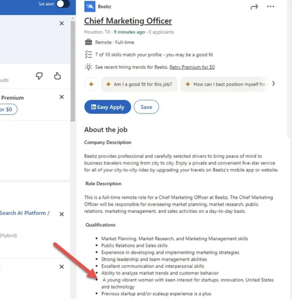 screenshot - suts Set alert x Beebz Chief Marketing Officer Houston, Tx9 minutes ago 0 applicants RemoteFulltime 7 of 10 skills match your profile you may be a good fit See recent hiring trends for Beez Retry Premium for 50 Am I a good fit for this job? H