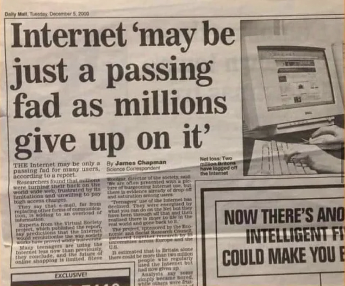 internet may be just a passing fad - Daily Mall Today Internet 'may be just a passing fad as millions give up on it' The Internet may be only a passing fad for many users, according to a report. Researchers found that milions were turning their back on th