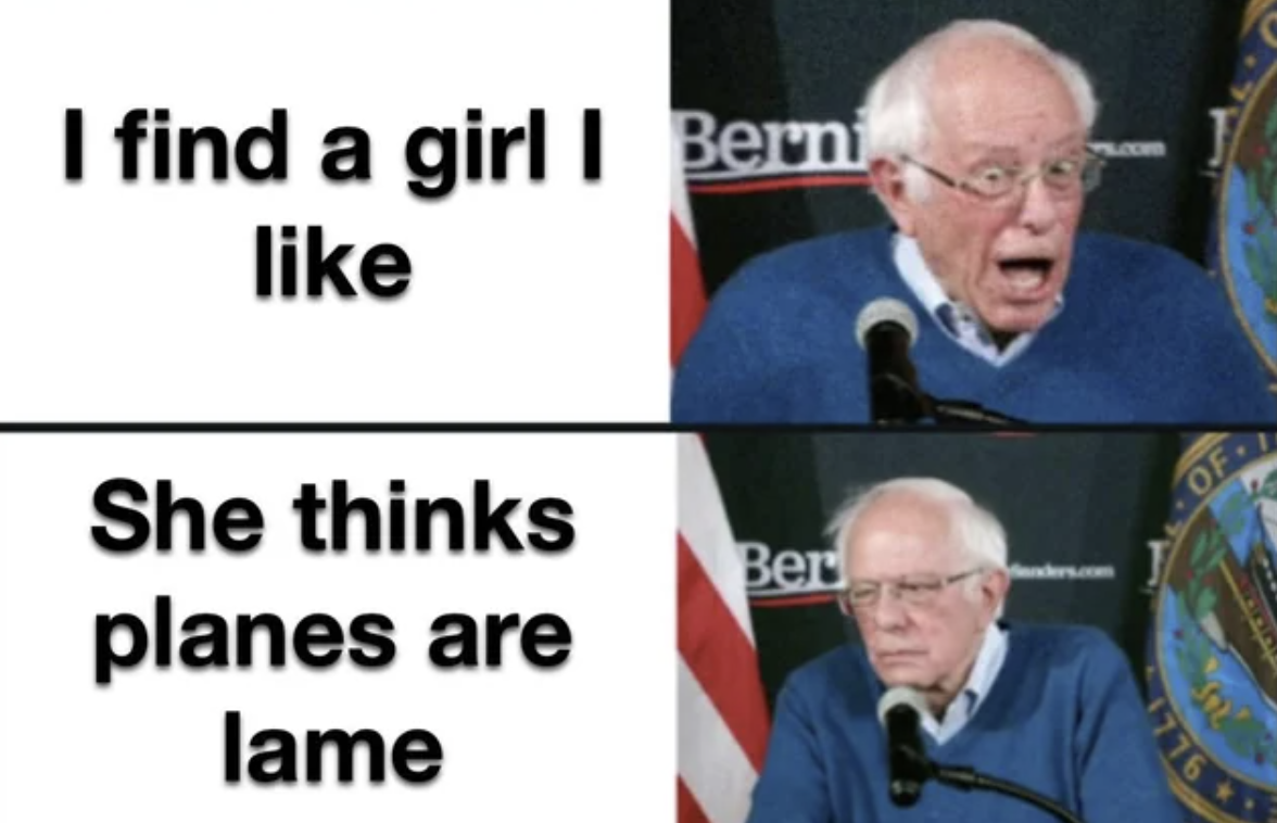 bernie sanders algebra meme - I find a girl I Berni She thinks planes are lame Ber Of 1776