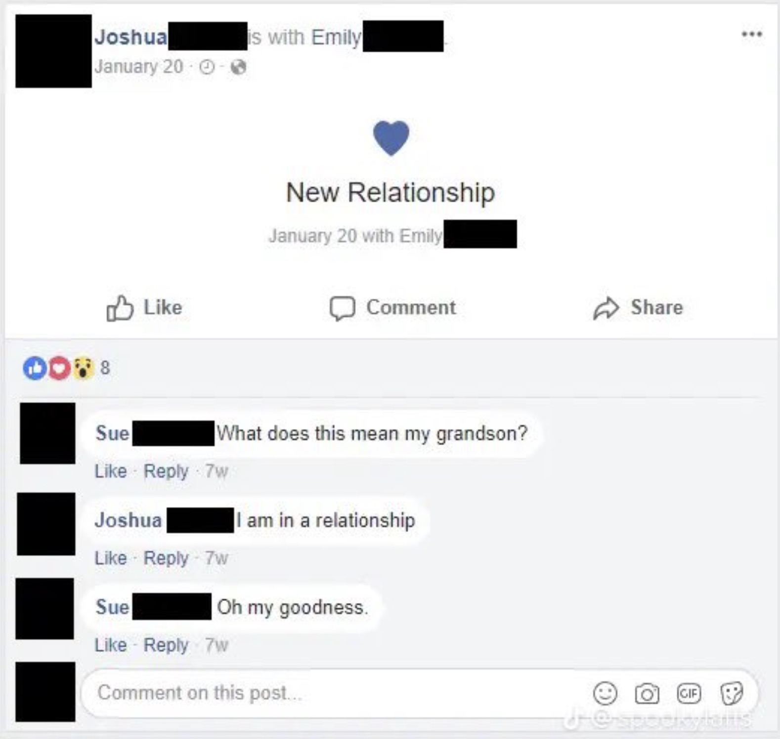 screenshot - Joshua January 20 8 is with Emily New Relationship January 20 with Emily Comment Sue What does this mean my grandson? 7w I am in a relationship Joshua 7w Sue 7w Oh my goodness. Comment on this post... Gif Jes