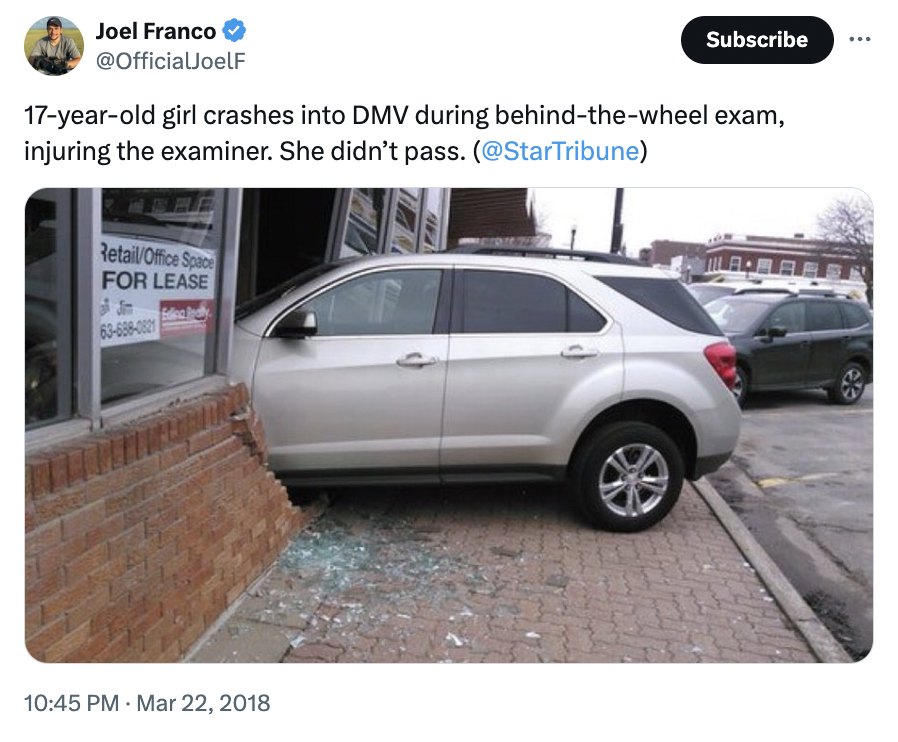 chevrolet sequel - Joel Franco Subscribe 17yearold girl crashes into Dmv during behindthewheel exam, injuring the examiner. She didn't pass. RetailOffice Space For Lease ; Jn