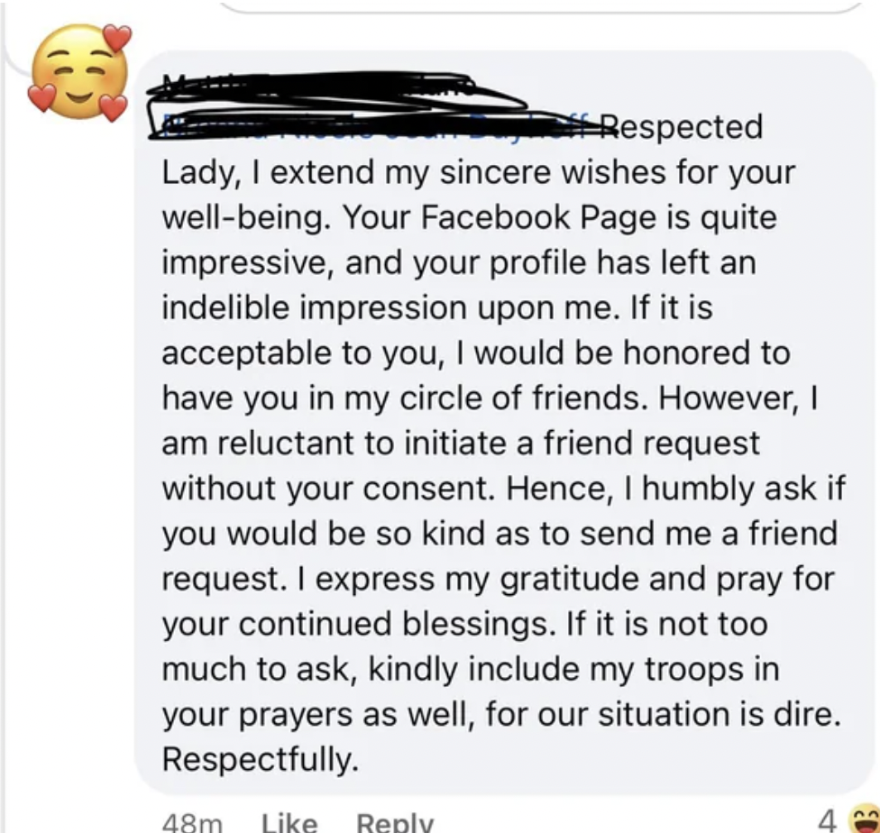 screenshot - Respected Lady, I extend my sincere wishes for your wellbeing. Your Facebook Page is quite impressive, and your profile has left an indelible impression upon me. If it is acceptable to you, I would be honored to have you in my circle of frien