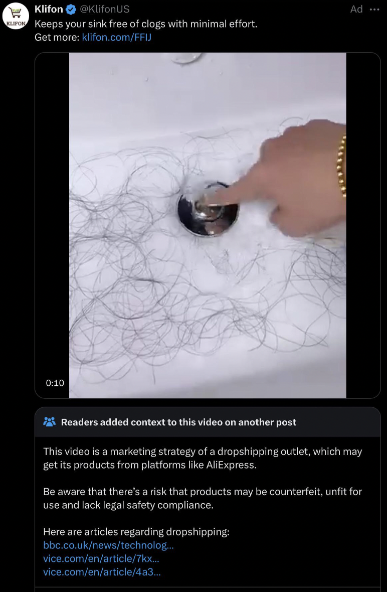 screenshot - Klifon KlionUS Keeps your sink free of clogs with minimal effort. Get more kifon.comFfij Ad Readers added context to this video on another post This video is a marketing strategy of a dropshipping outlet, which may get its products from platf