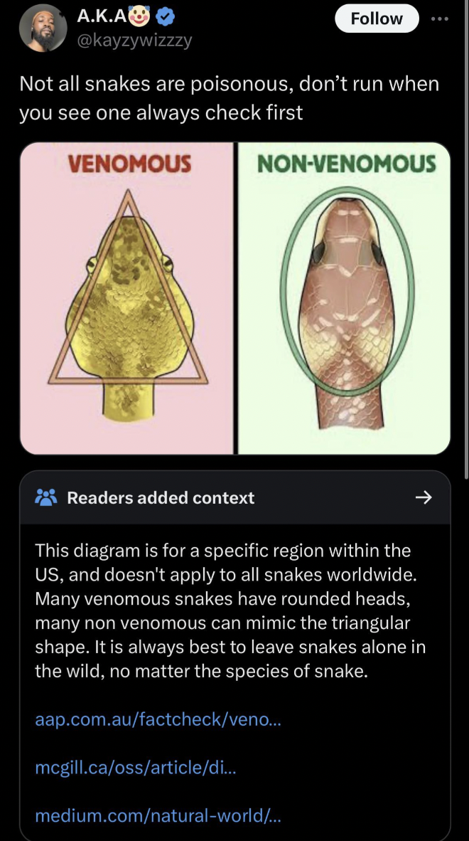 screenshot - A.K.A Not all snakes are poisonous, don't run when you see one always check first Venomous NonVenomous Readers added context This diagram is for a specific region within the Us, and doesn't apply to all snakes worldwide. Many venomous snakes 