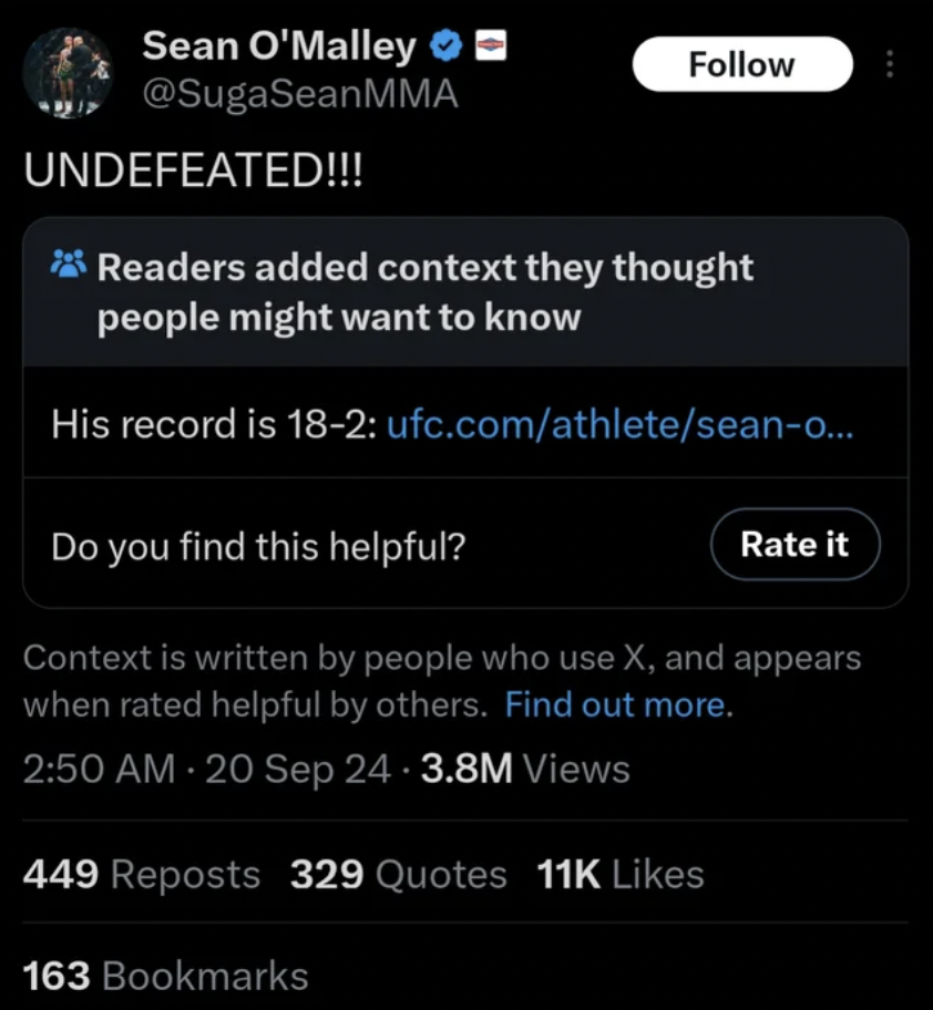 screenshot - Sean O'Malley Undefeated!!! Readers added context they thought people might want to know His record is 182 ufc.comathleteseano... Do you find this helpful? Rate it Context is written by people who use X, and appears when rated helpful by othe