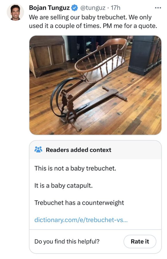 office chair - Bojan Tunguz 17h We are selling our baby trebuchet. We only used it a couple of times. Pm me for a quote. Readers added context This is not a baby trebuchet. It is a baby catapult. Trebuchet has a counterweight dictionary.cometrebuchetvs...