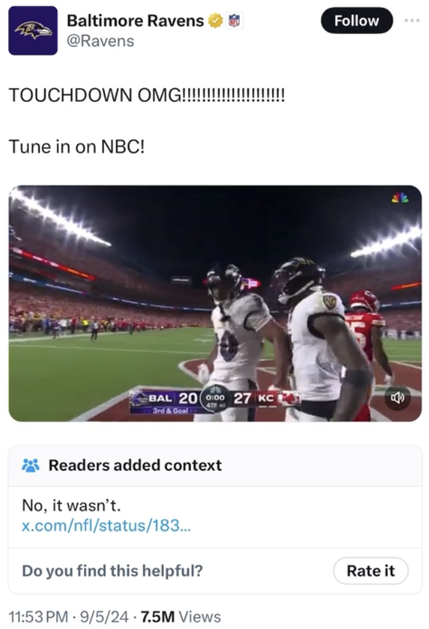 screenshot - Baltimore Ravens Touchdown Omg!!!!!!!!!!!!!! Tune in on Nbc! Bal 201 27 Kc Readers added context No, it wasn't. x.comnflstatus183... Do you find this helpful? 95247.5M Views Rate it