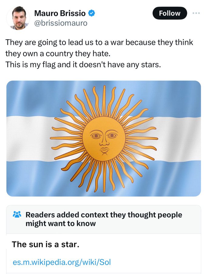 Mauro Brissio They are going to lead us to a war because they think they own a country they hate. This is my flag and it doesn't have any stars. 3 Readers added context they thought people might want to know The sun is a star. es.m.wikipedia.orgwikiSol