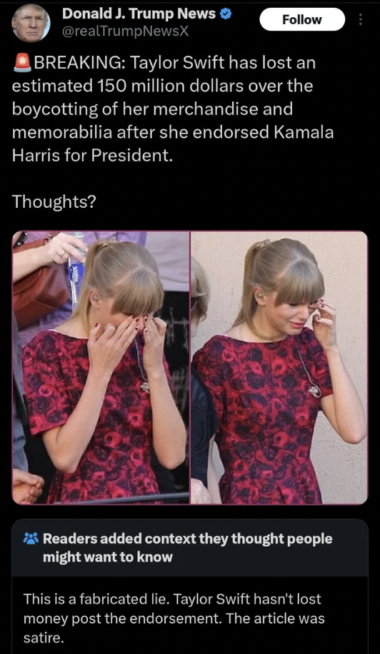 Taylor Swift - Donald J. Trump News Breaking Taylor Swift has lost an estimated 150 million dollars over the boycotting of her merchandise and memorabilia after she endorsed Kamala Harris for President. Thoughts? Readers added context they thought people 