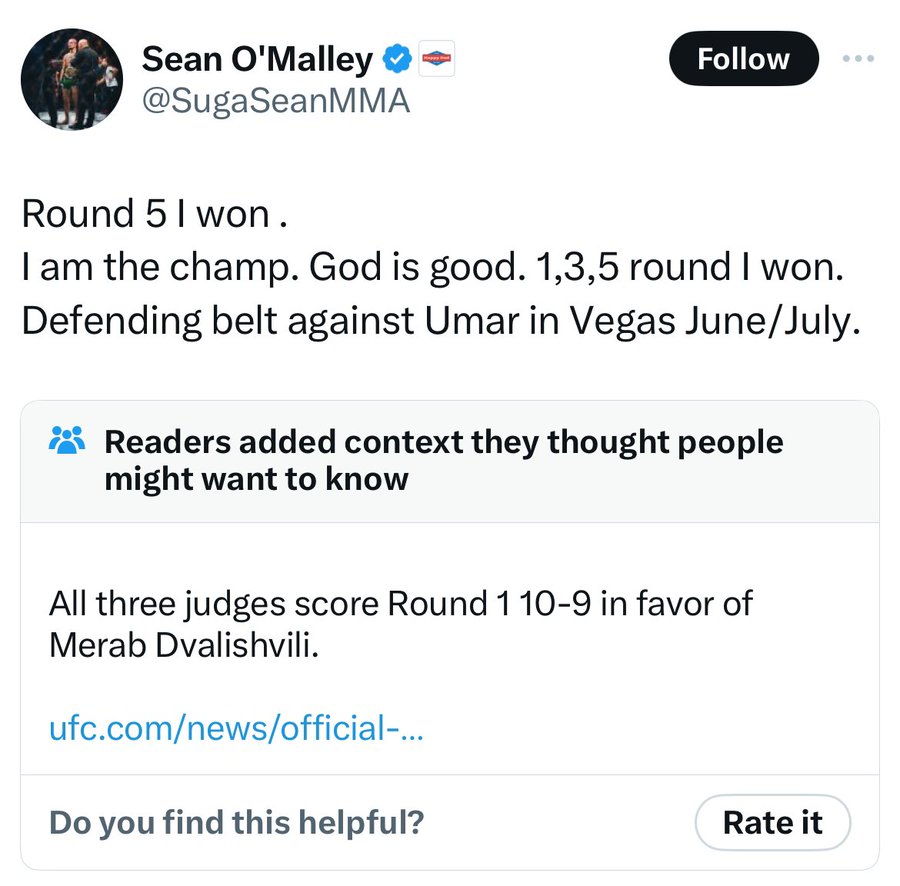 screenshot - Sean O'Malley Round 5 I won. I am the champ. God is good. 1,3,5 round I won. Defending belt against Umar in Vegas JuneJuly. Readers added context they thought people might want to know All three judges score Round 1 109 in favor of Merab Dval