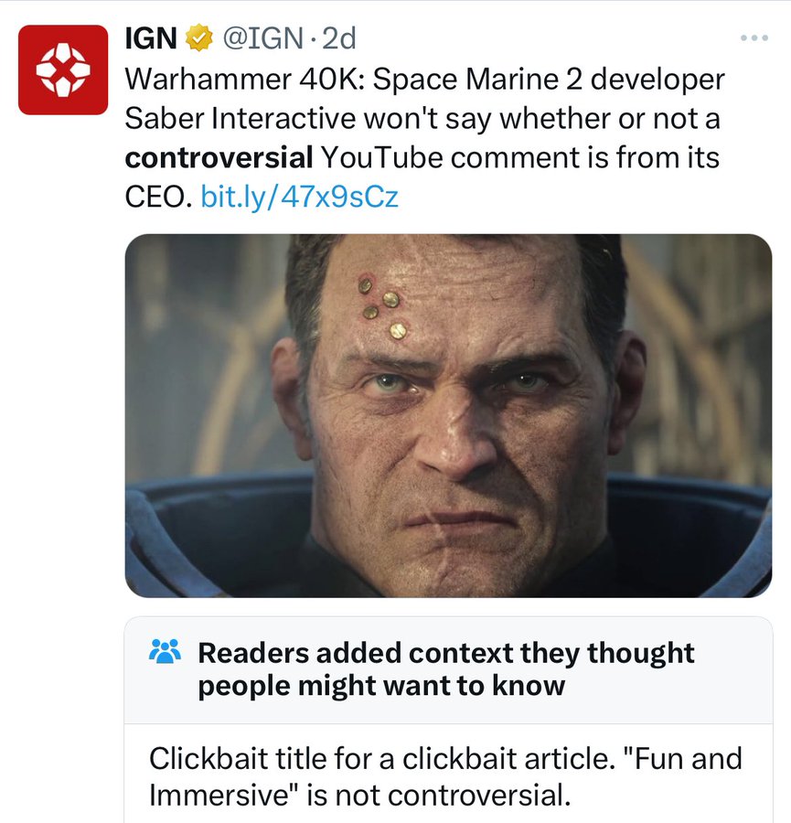Warhammer 40,000: Space Marine 2 - Ign . 2d Warhammer 40K Space Marine 2 developer Saber Interactive won't say whether or not a controversial YouTube comment is from its Ceo. bit.ly47x9sCz Readers added context they thought people might want to know Click