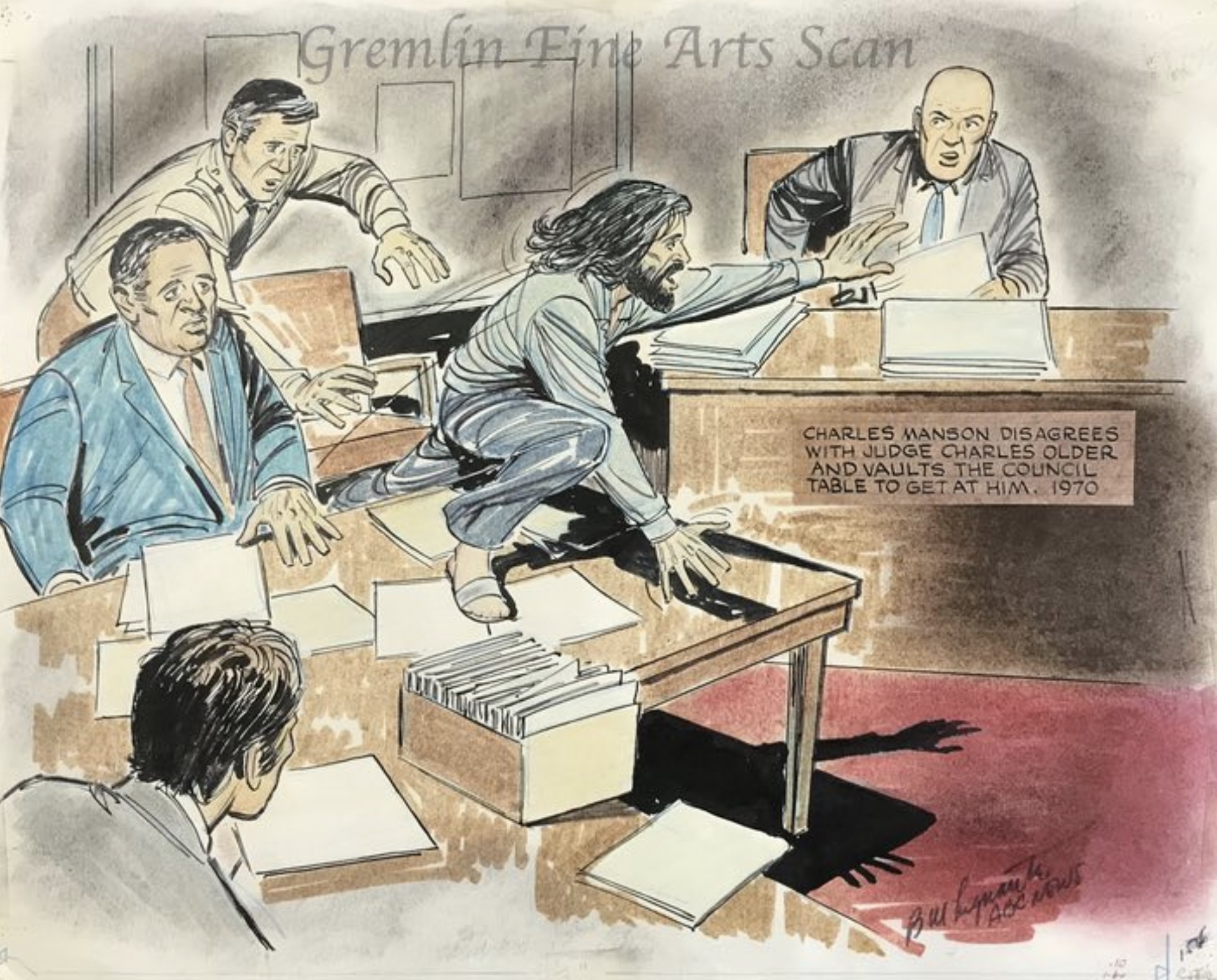 illustration - Gremlin Fine Arts Scan Charles Manson Disagrees With Judge Charles Older And Vaults The Council Table To Get At Him. 1970