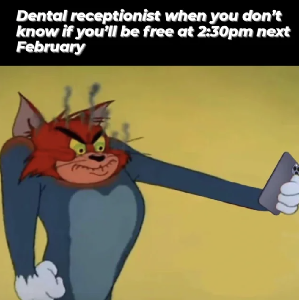 angry tom cat - Dental receptionist when you don't know if you'll be free at pm next February