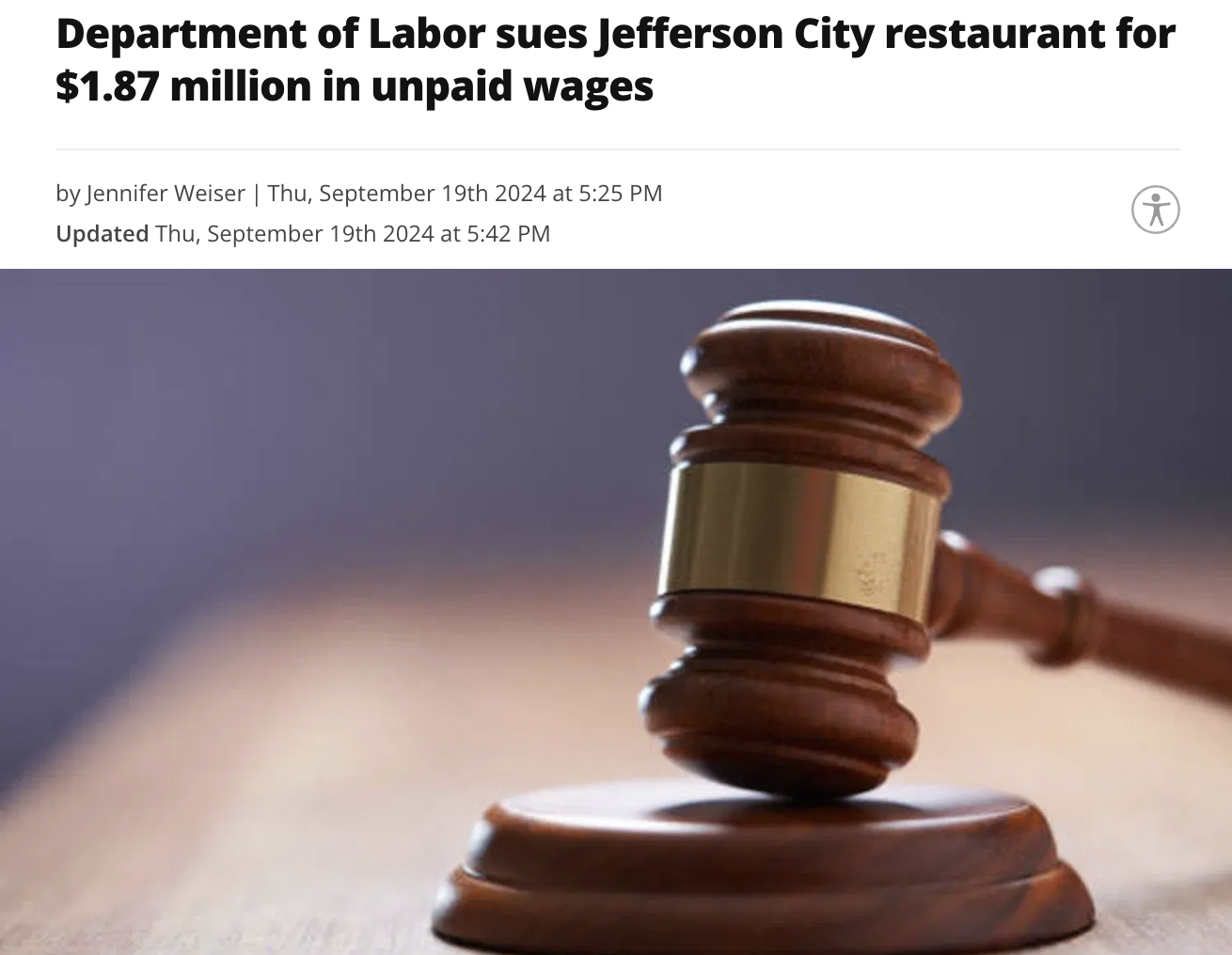 official - Department of Labor sues Jefferson City restaurant for $1.87 million in unpaid wages by Jennifer Weiser | Thu, September 19th 2024 at Updated Thu, September 19th 2024 at