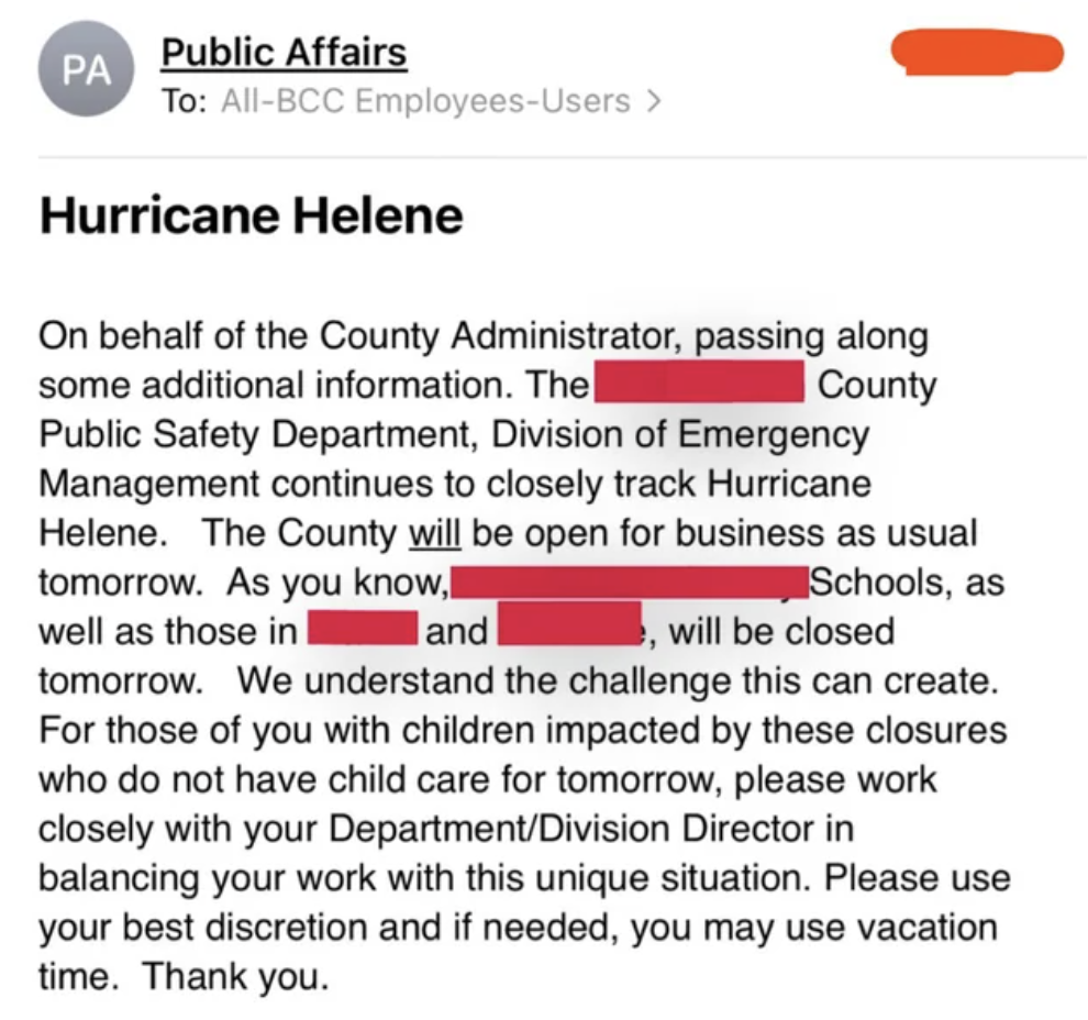 screenshot - Pa Public Affairs To AllBcc EmployeesUsers > Hurricane Helene On behalf of the County Administrator, passing along some additional information. The County Public Safety Department, Division of Emergency Management continues to closely track H