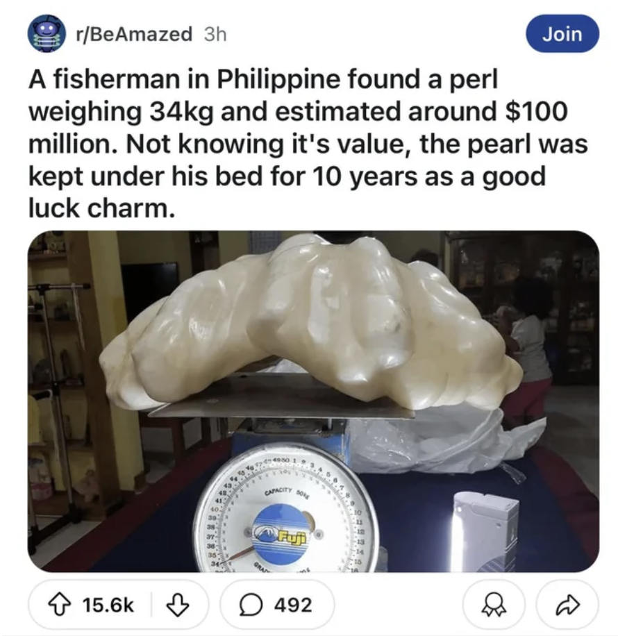 worlds largest pearl - rBeAmazed 3h Join A fisherman in Philippine found a perl weighing 34kg and estimated around $100 million. Not knowing it's value, the pearl was kept under his bed for 10 years as a good luck charm. 492