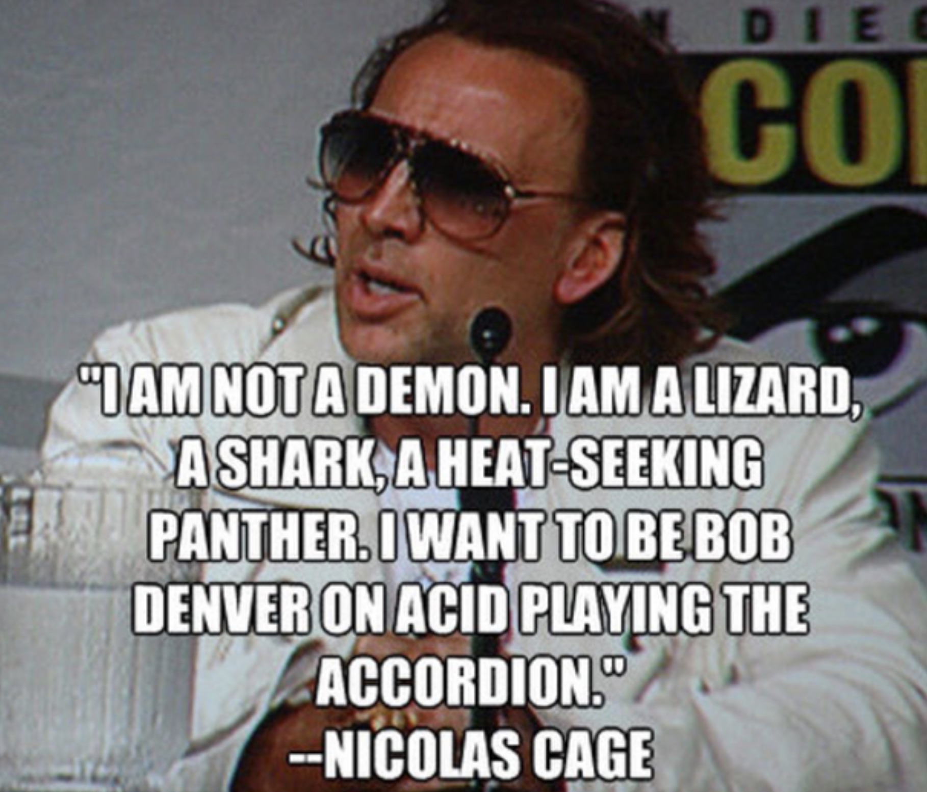 photo caption - Die Co "I Am Not A Demon. I Am A Lizard, A Shark, A HeatSeeking Panther. Want To Be Bob Denver On Acid Playing The Accordion. Nicolas Cage