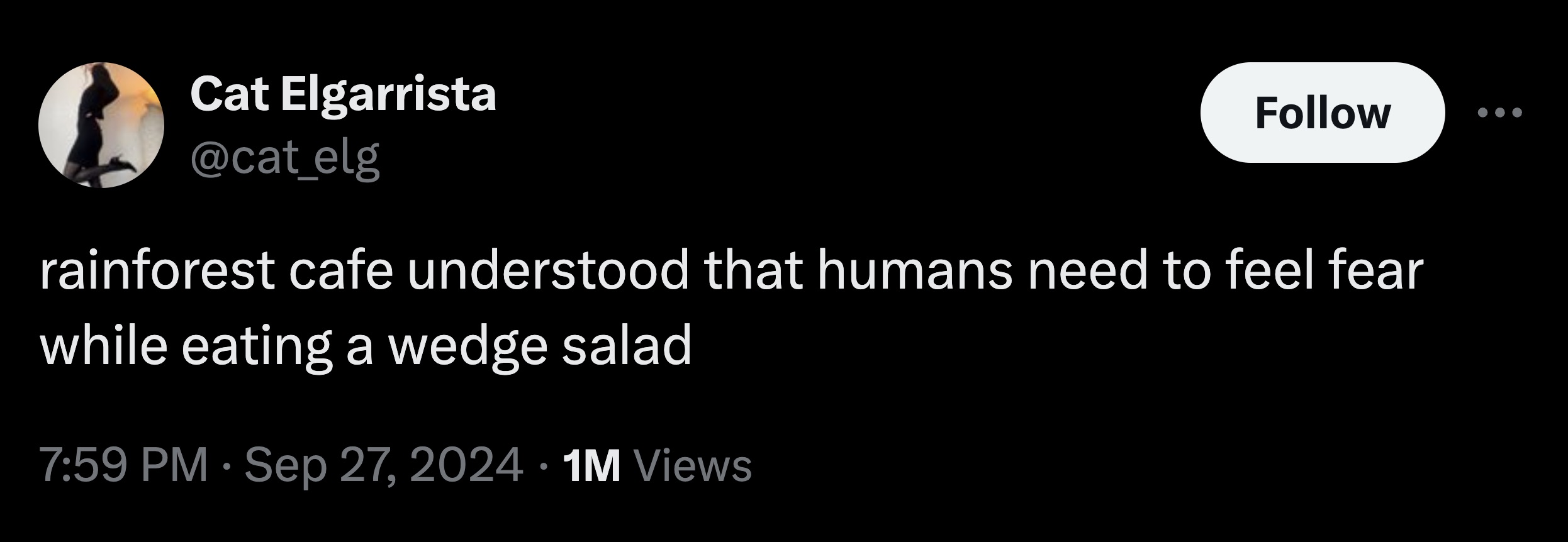 screenshot - Cat Elgarrista rainforest cafe understood that humans need to feel fear while eating a wedge salad 1M Views