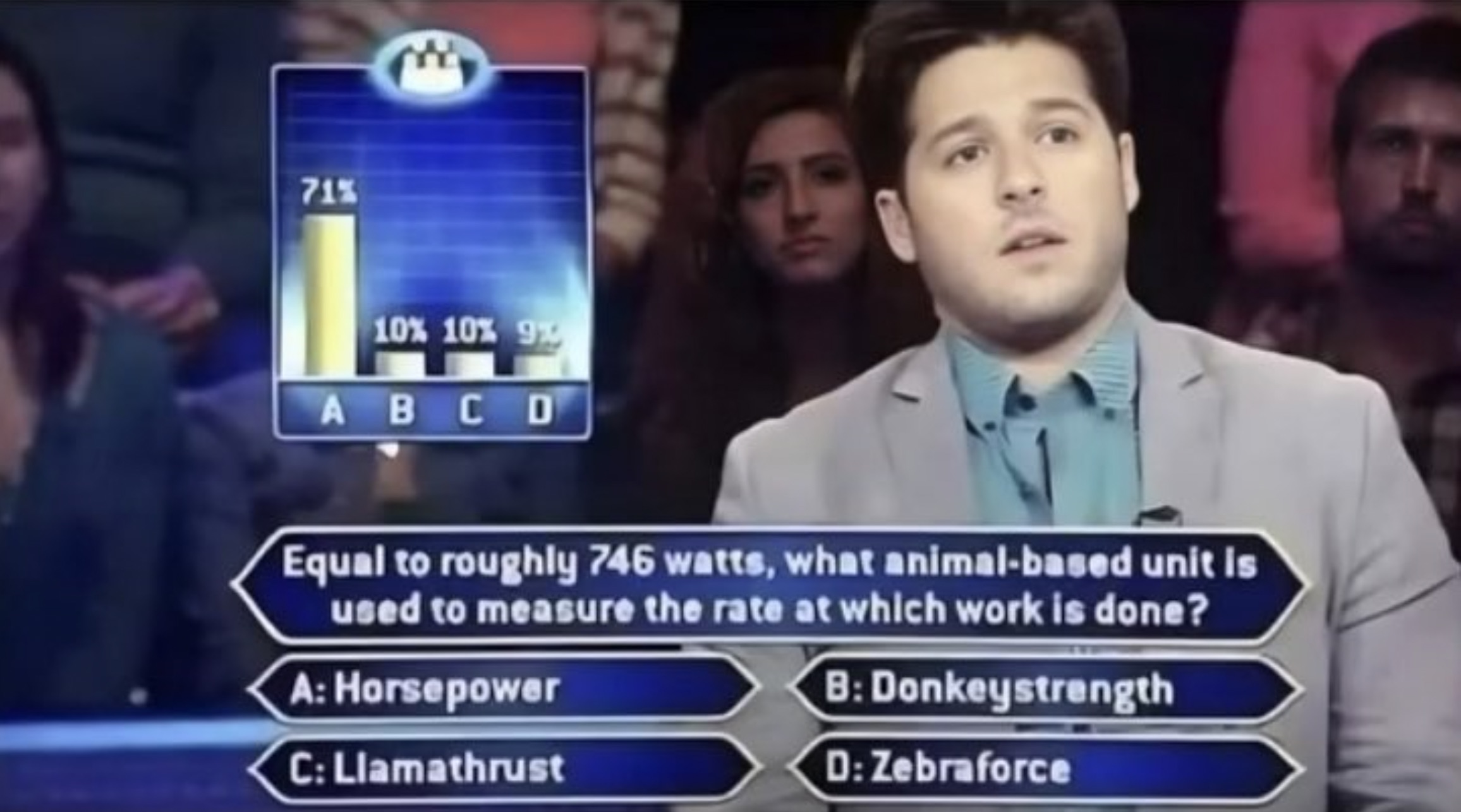 can i use my lifeline - 71% 10% 10% 9% Abcd Equal to roughly 746 watts, what animalbased unit is used to measure the rate at which work is done? A Horsepower C Llamathrust B Donkeystrength D Zebraforce