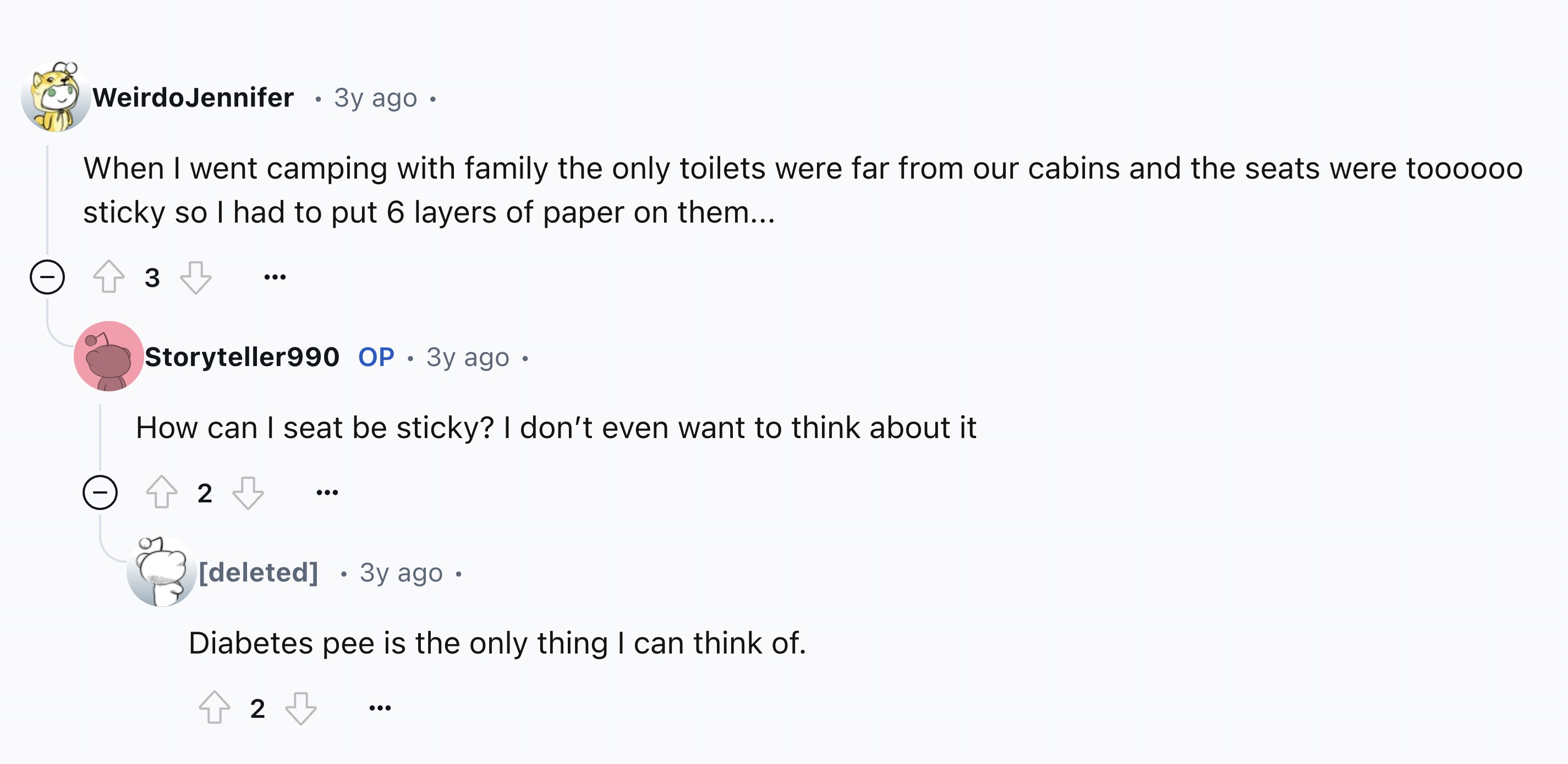 screenshot - Weirdo Jennifer . 3y ago When I went camping with family the only toilets were far from our cabins and the seats were toooooo sticky so I had to put 6 layers of paper on them... 3 Storyteller990 Op. 3y ago. How can I seat be sticky? I don't e