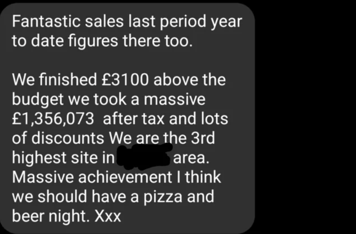 “Pulled in more than a million in sales for the year, and our reward is pizza and beer. Everyone here is paid minimum wage by the way.”