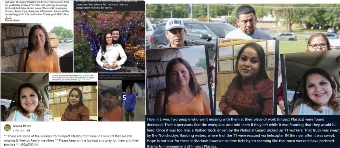 collage - Teresa Pers These are some of the workers from Impact Plastics from here in Erwin, Tn that are still missing & Friends Family members "Please keep on the lookout and pray for them and their I live in Erwin. Two people who went missing with them 