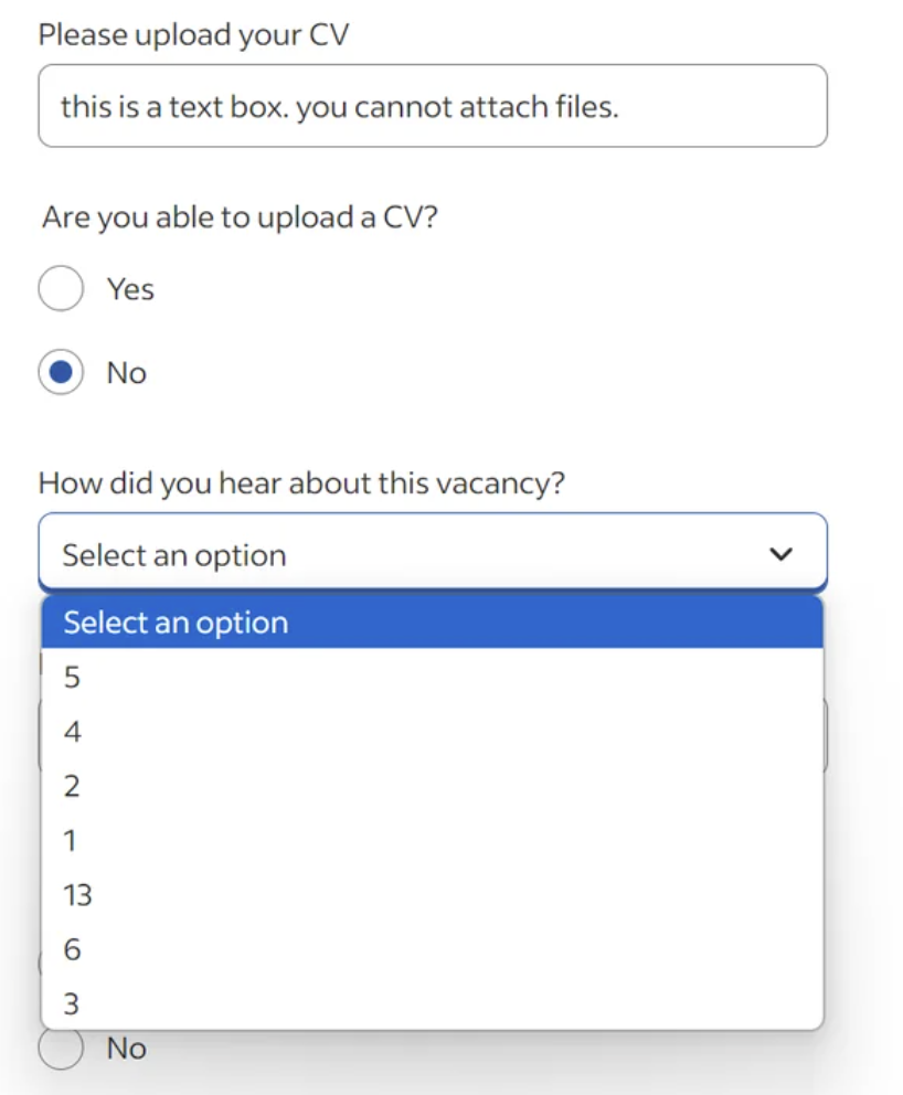 screenshot - Please upload your Cv this is a text box. you cannot attach files. Are you able to upload a Cv? Yes No How did you hear about this vacancy? Select an option Select an option 5 4 2 1 13 13 16 3 No >