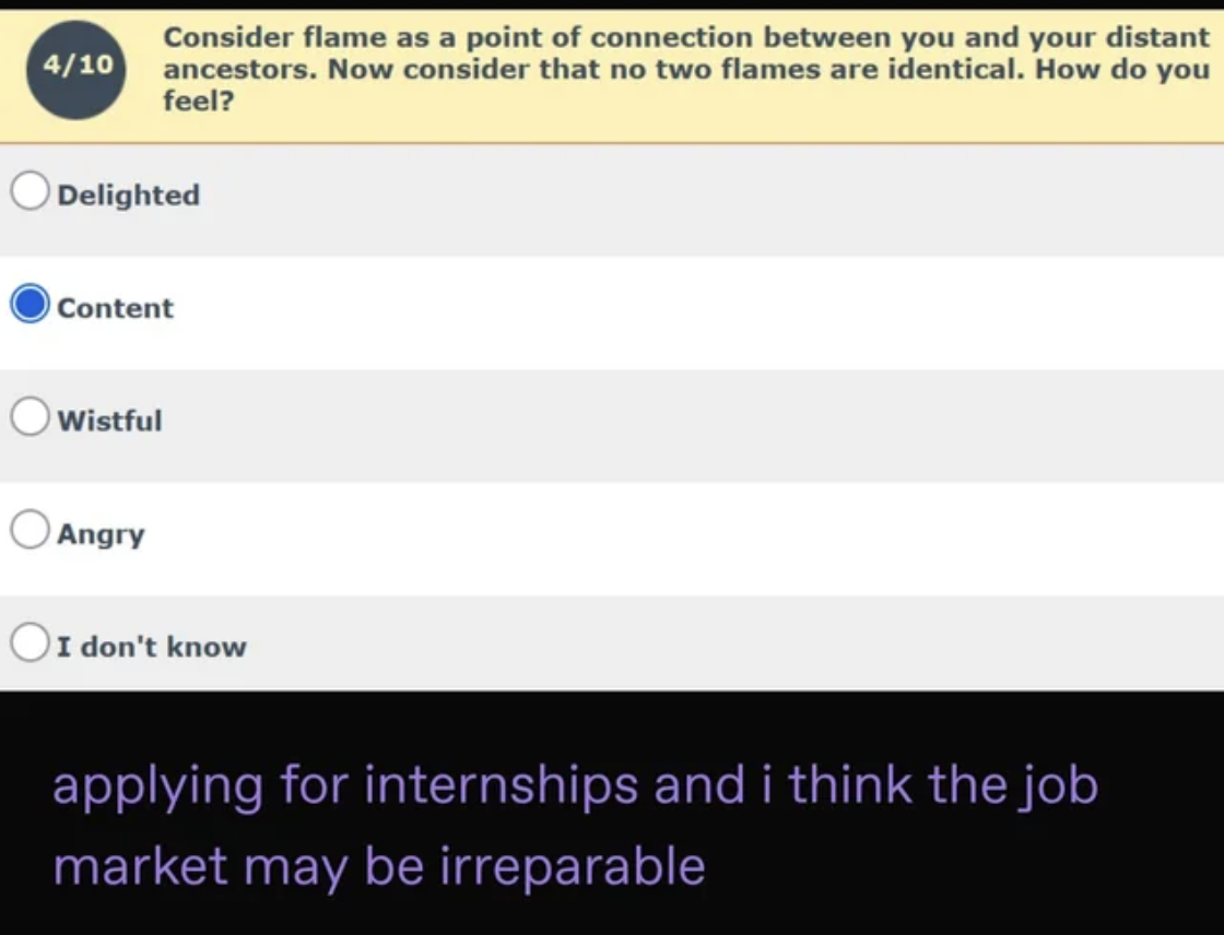 screenshot - 410 Consider flame as a point of connection between you and your distant ancestors. Now consider that no two flames are identical. How do you feel? Delighted Content Wistful Angry I don't know applying for internships and i think the job mark