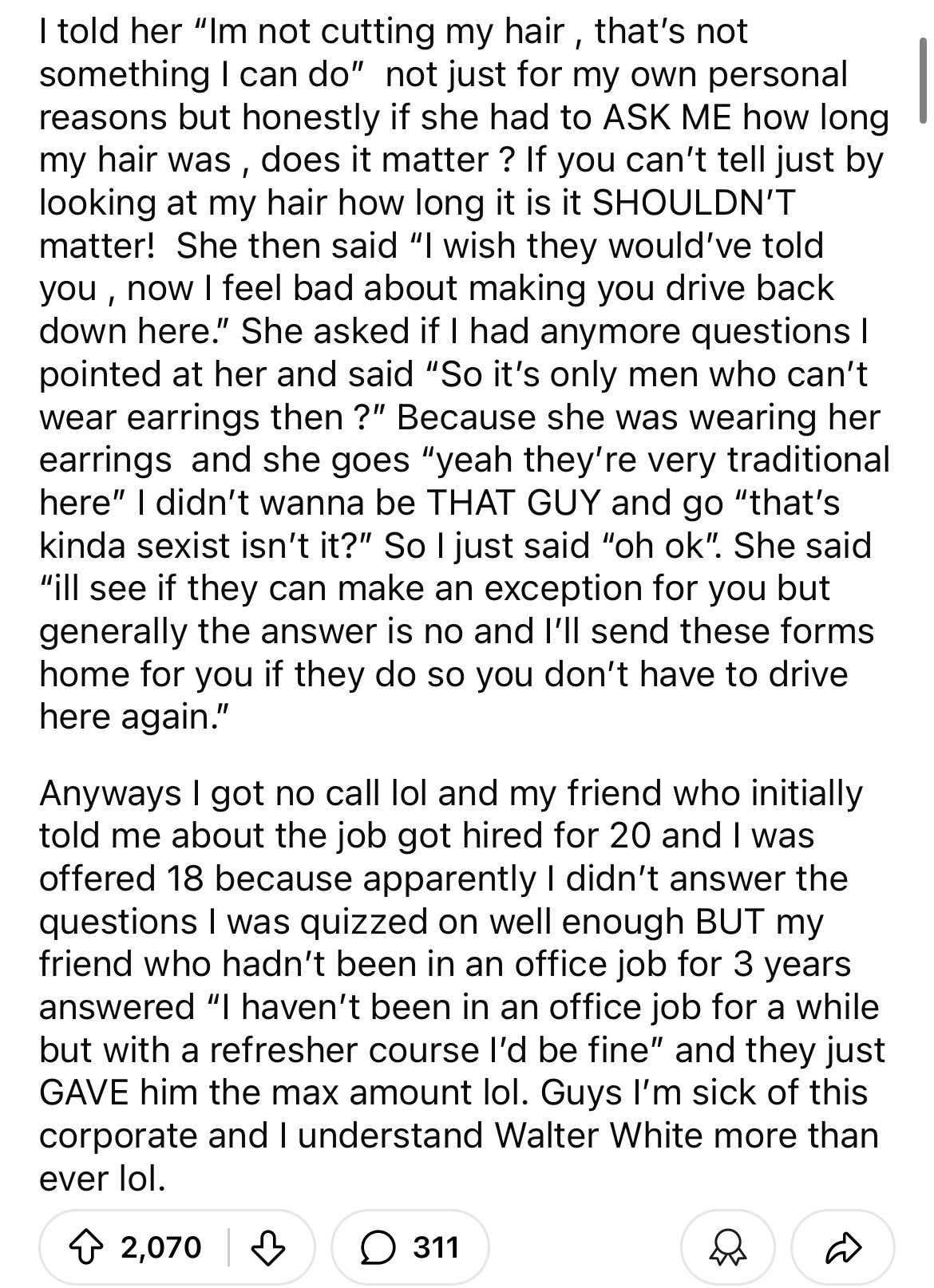 document - I told her "Im not cutting my hair, that's not something I can do" not just for my own personal reasons but honestly if she had to Ask Me how long my hair was, does it matter? If you can't tell just by looking at my hair how long it is it Shoul